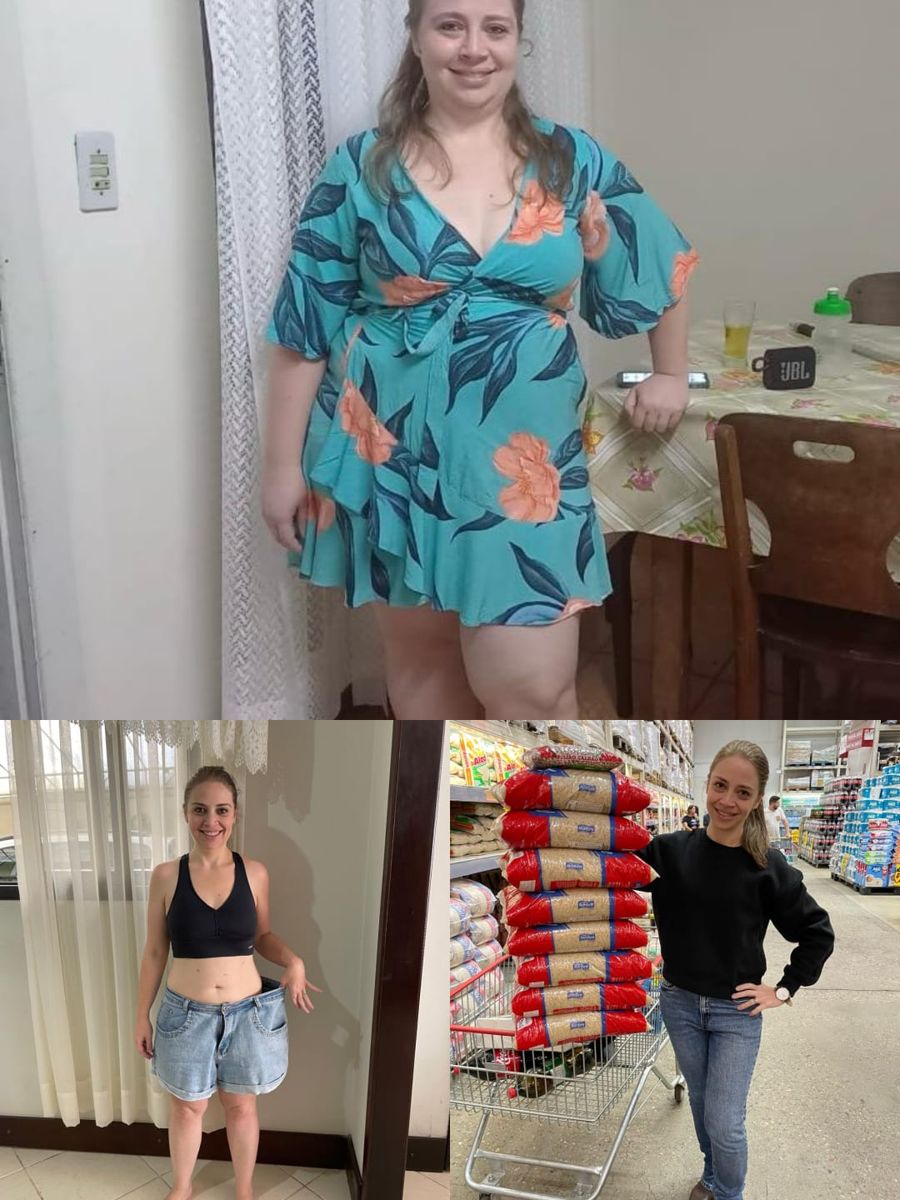 Antes e depois de aluna do Ton: grande perda de peso, segurando a bermuda antiga